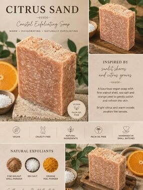 CITRUS SAND Handmade Exfoliating 140g, Free Soap Dish w/ purchase of 3 bars